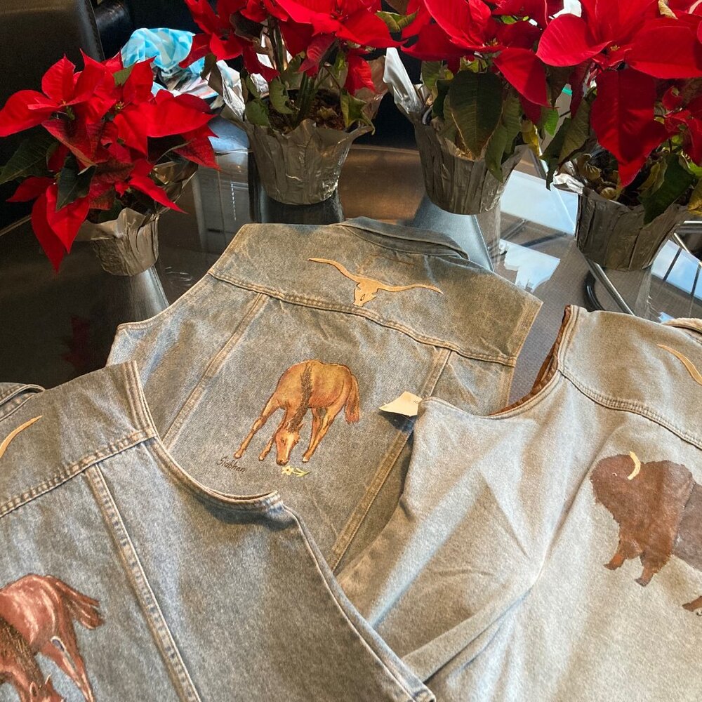 Hand-painted on denim vests from Art Gallery ( 3 varied sizes and prices)